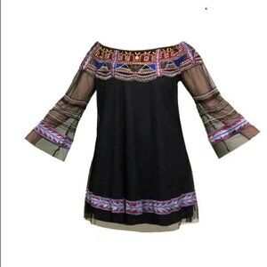 Stunning Off-Shoulder Black Vintage Collection Tunic NWT XL Beads Embroidery  -